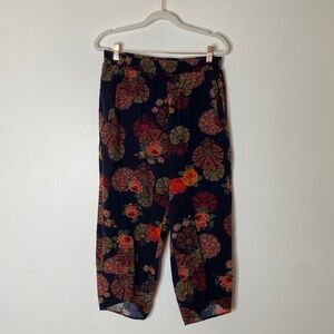 GRACILA Navy Multicolor Floral 100% Cotton Pull On Cropped Tulip Hem Pants Large